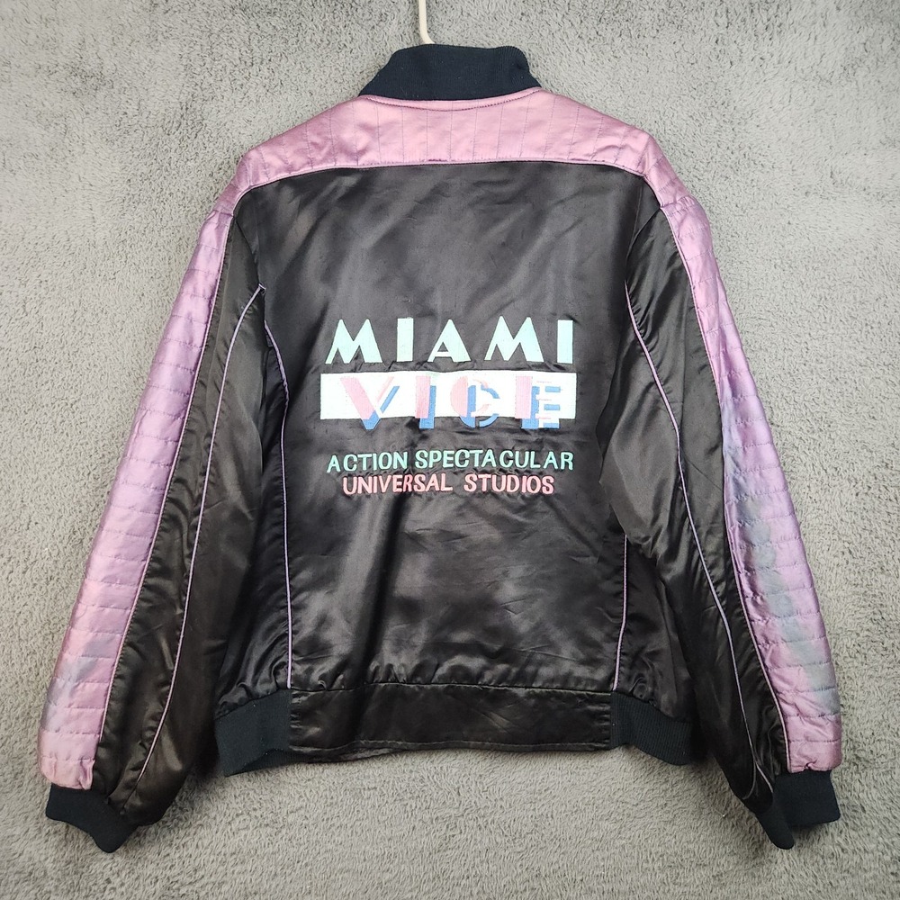 VTG 80s Universal Studios Miami Vice Satin Bomber Jacket Large Fall Guy Gosling